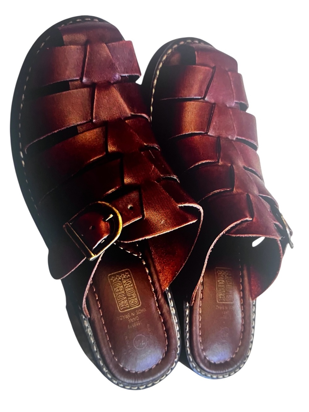 Faded Glory Womens 7.5 Brown Woven Leather Clogs Buckle Slip On Boho Coastal